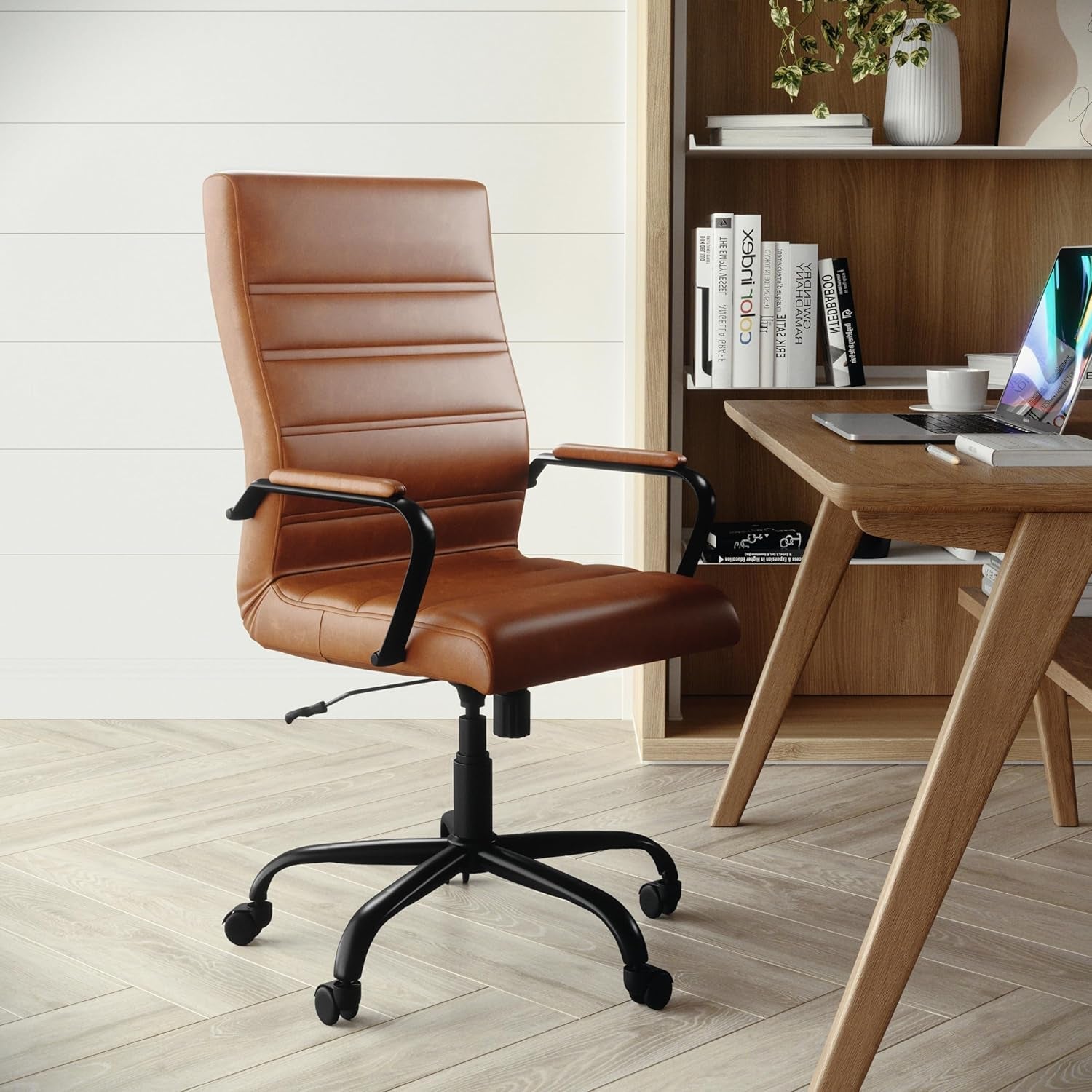 Whitney High-Back Swivel Leathersoft Desk Chair with Padded Seat and Armrests, Adjustable Height Padded Leathersoft Office Chair, Brown/Black Gold-1