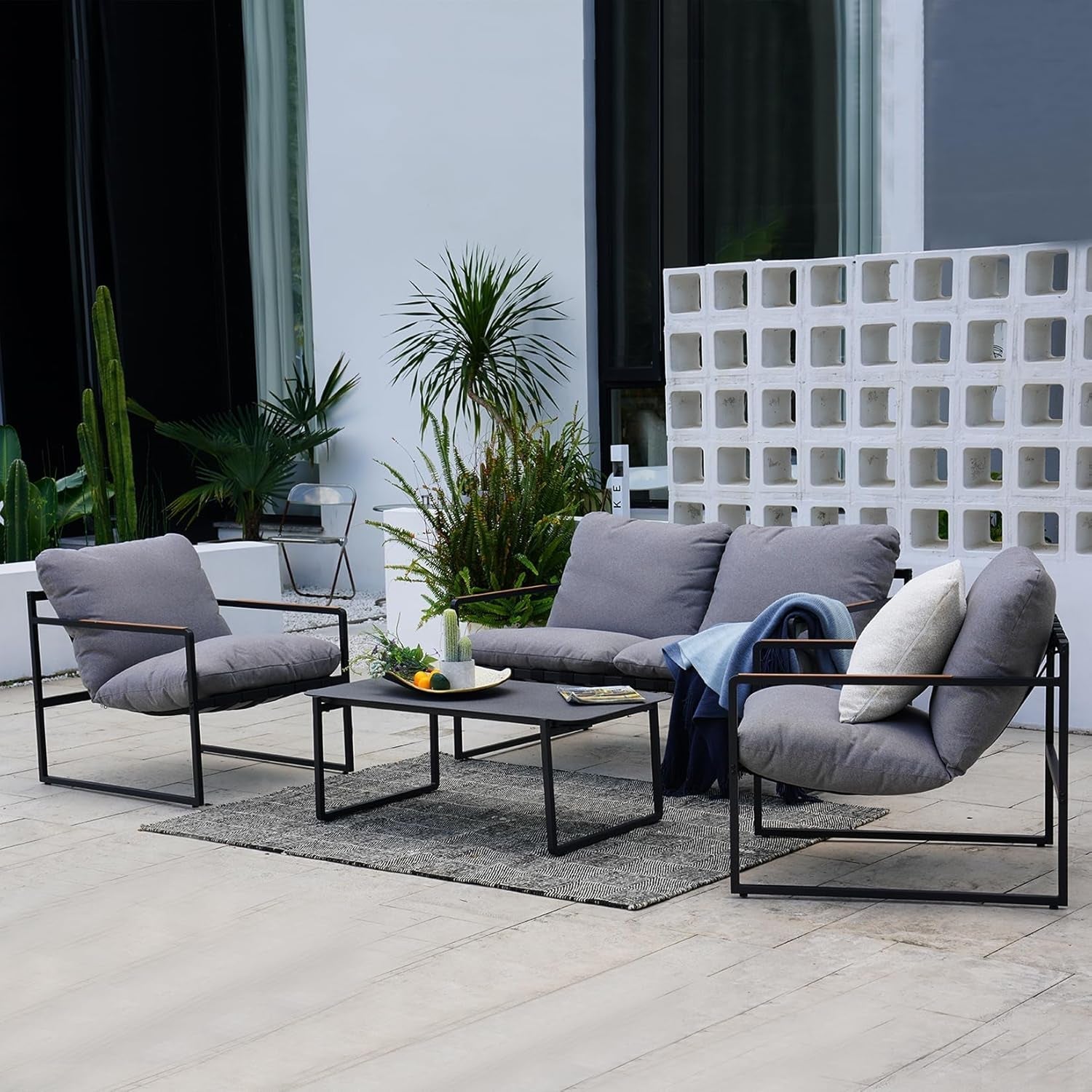 4-Piece Outdoor Furniture Set, Patio Outdoor Sofa with Cushion, Modern Metal Couch with Coffee Table, Outdoor Conversation Set for Porch Deck Balcony Backyard Living Room-0