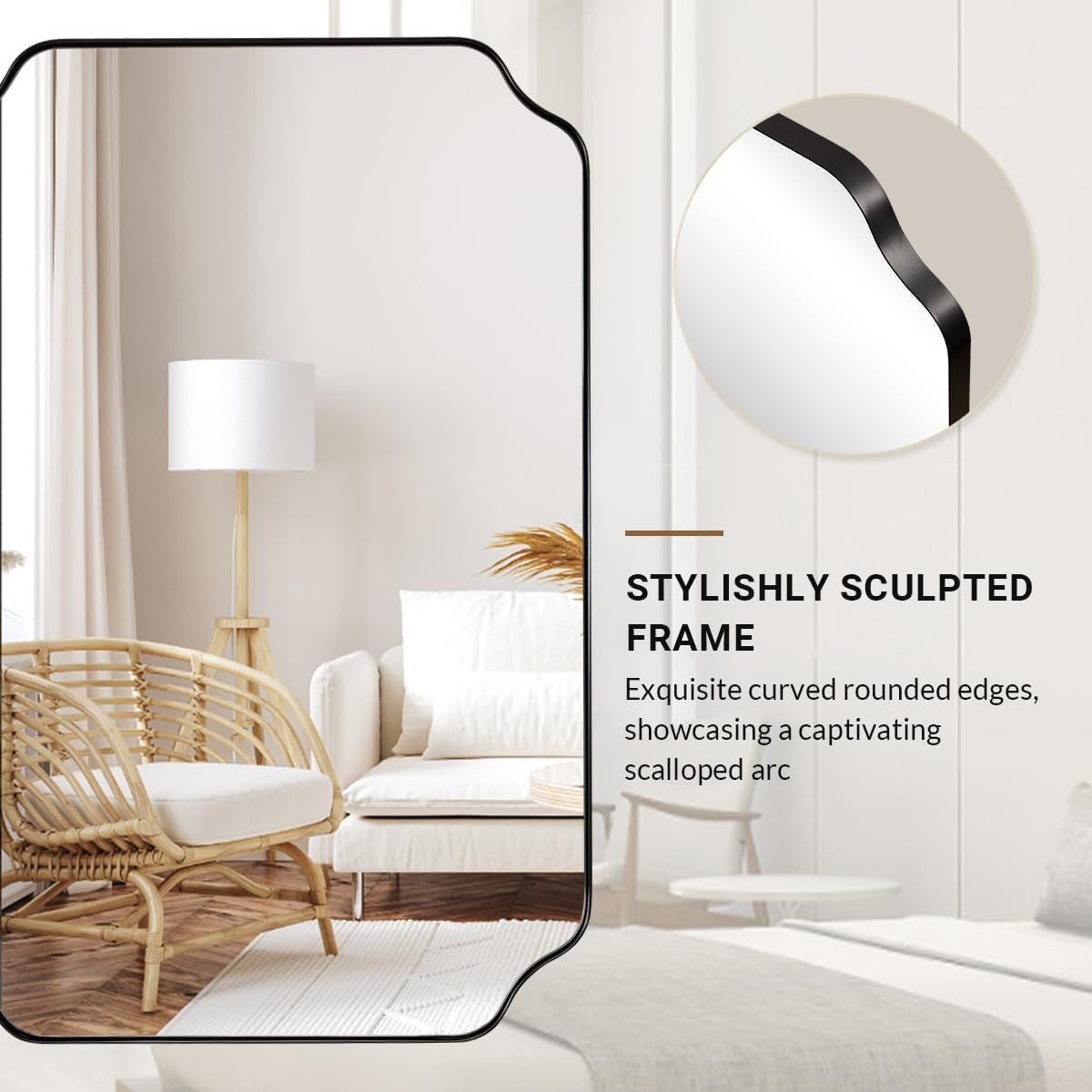 Black Bathroom Mirror, 22X30 Inch Asymmetrical Mirror, Irregular Wall Mirror in Stainless Steel Metal Frame, Modern Scalloped Mirrors Ideal for Bathroom, Bedroom (Horizontal/Vertical)-3