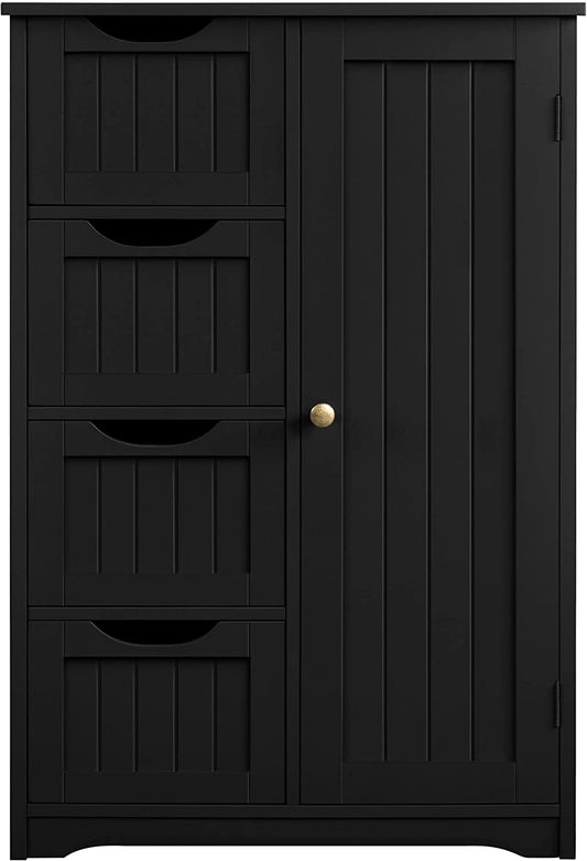 Wooden Bathroom Floor/Side Storage Organizer Cabinet with 4 Drawers and 1 Cupboard, Freestanding Entryway Storage Unit Console Table for Home Decor-0