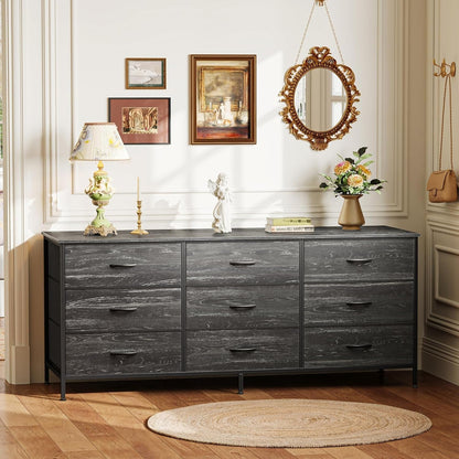 9 Drawer Dresser, 55 Inch Dresser TV Stand for 55, 60 Inch TV, Entertainment Center with Drawers, Large Storage Fabric Dresser for Bedroom, Closet, Charcoal Black Wood Grain Print-4