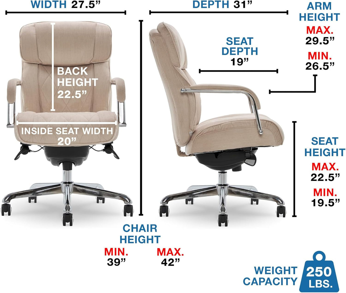 Sutherland Quilted Leather Executive Office Chair with Padded Arms, High Back Ergonomic Desk Chair with Lumbar Support, Cream Microfiber Fabric-2