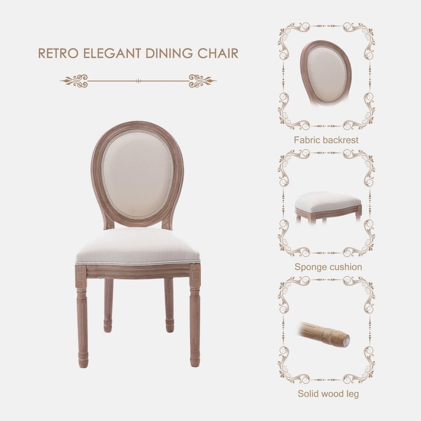 French Country Dining Chairs Set of 6, Farmhouse Dining Chairs with round Backrest, Mid Century Upholstered Dining Chairs with Solid Wood Leg for Dining Room Bedroom Kitchen Restaurant (Beige)-3