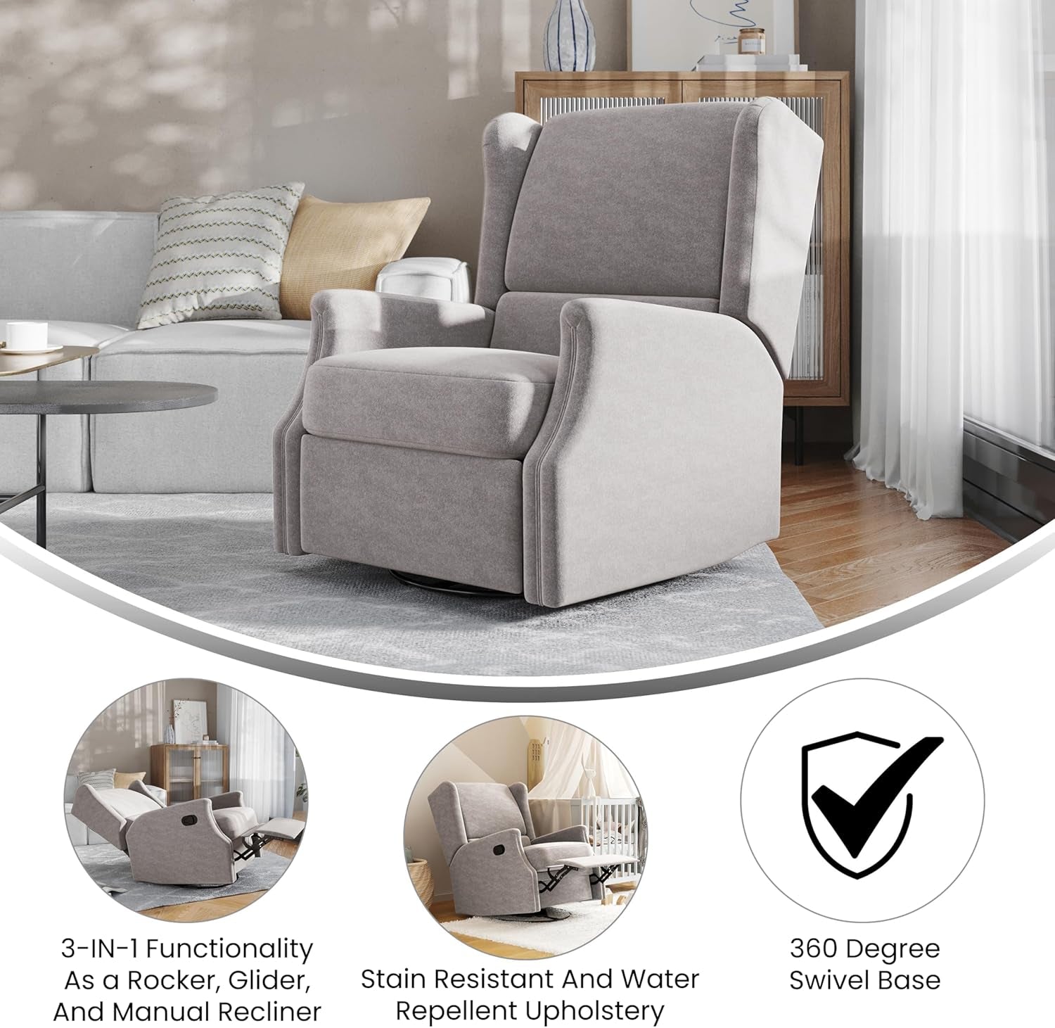 Omma Swivel Glider Rocking Recliner, Manual Wingback Recliner with 360 Degree Swivel, for Living Room, Bedroom, or Nursery, Upholstered, Light Gray-3