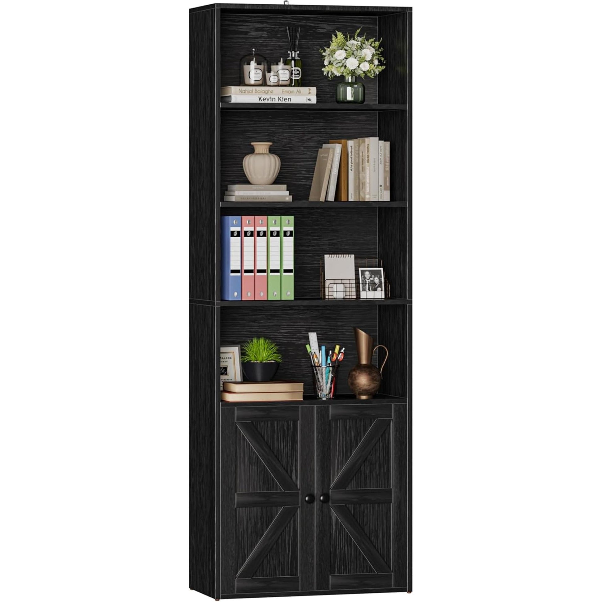 Industrial Bookshelf and Bookcases with Doors Modern Bookshelf Cabinet Tall Bookshelf Storage for Home Office, Bedroom (Black)-0
