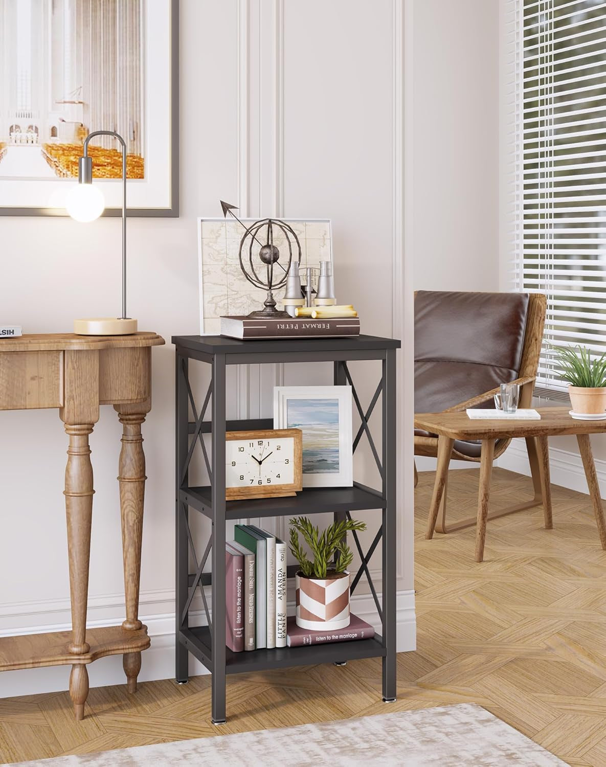 3 Tiers Bookcase, Industrial Metal Bookshelf with Side Fence, Storage Organizer for Living Room, Home Office, Bedroom, Display Racks, Sofa Side Table, 29.5 * 15.75 * 11.4", Black UHST008B-3