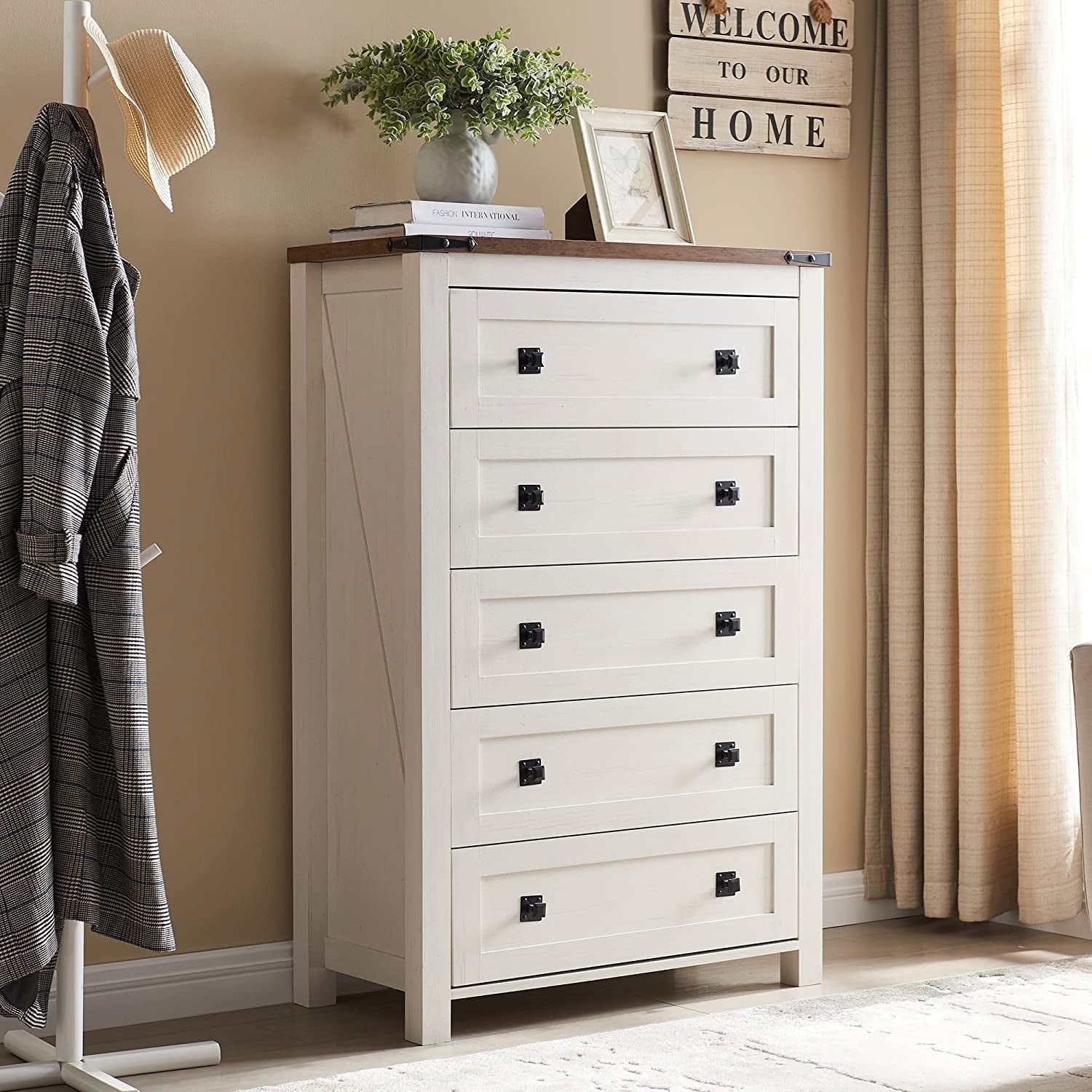 Rustic Tall Chest of Drawers, Antique White-0