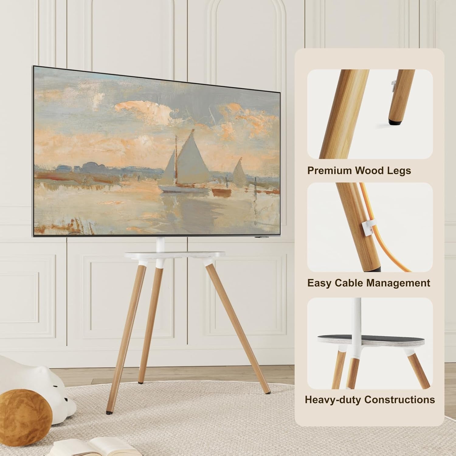 Tripod Easel TV Stand for 40 to 65 Inch LCD LED OLED Screen, Height Adjustable and Swievel Floor TV Stand, Corner TV Stand with Wooden Tray, VESA 400X400Mm, Minimalist White-4