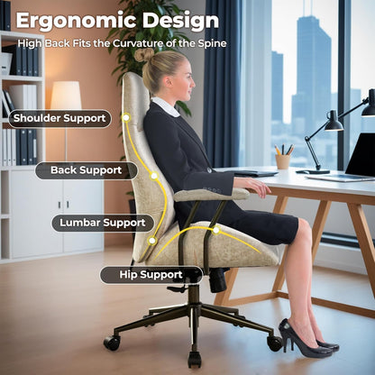 Ergonomic Home Office Chair, Mid-Century Modern Leather Chair with Lumbar Support, High Back Swivel Rolling Executive Chair, Comfy Task Computer Desk Chair (Beige, Suede Leather)-2