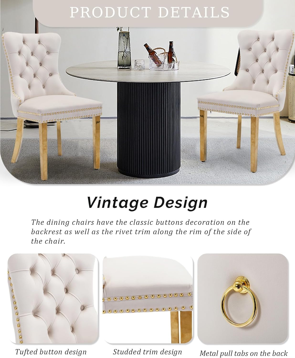 Velvet Dining Chair Set of 2 Upholstered Tufted Dining Room Chair with Nailhead Trim and Stainless Steel Gold Plated Legs for Kitchen, Restaurant, Beige-4