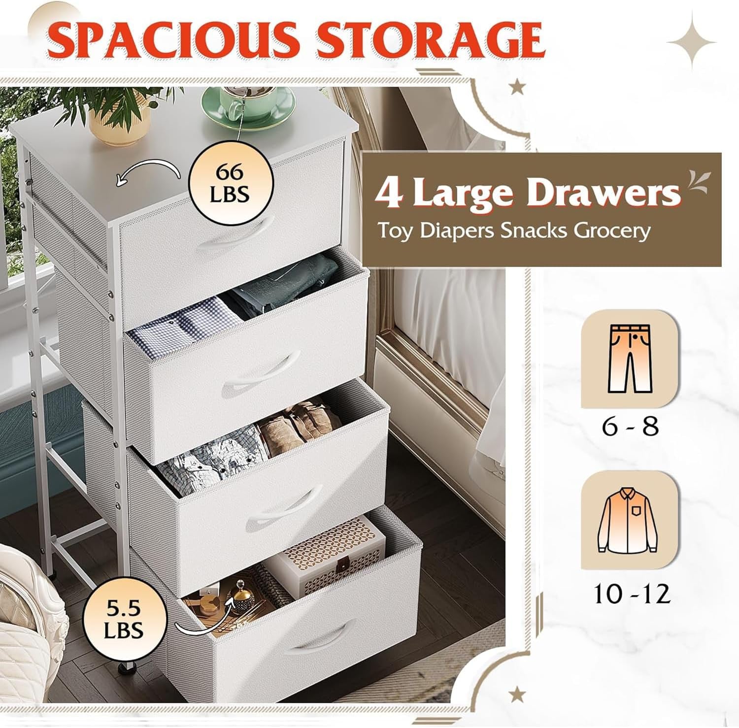 Dresser with 4 Drawers, Storage Tower, Organizer Unit, Fabric Dresser for Bedroom, Hallway, Entryway, Closets, Sturdy Steel Frame, Wood Top, Easy Pull Handle, White-3