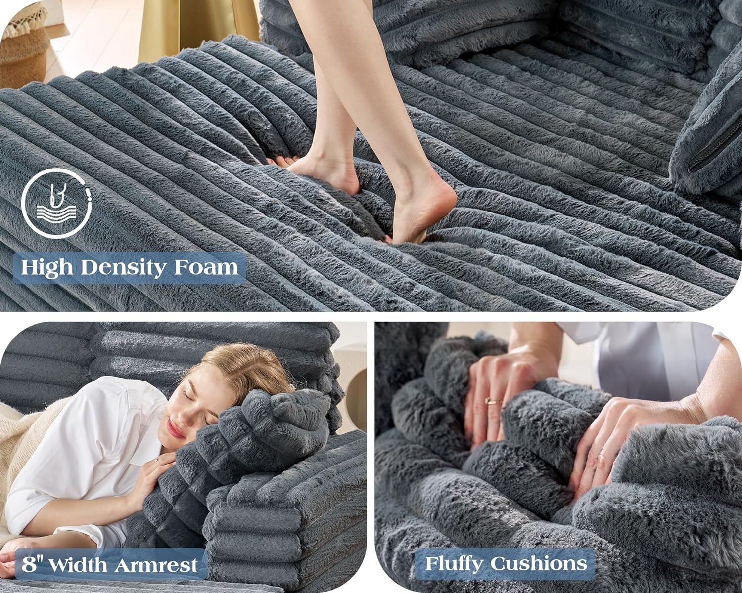 53 Inch Chaise Lounge Indoor, Plush Sleeper Chair with Throw Pillows, Upholstered Sofa Bed with Armrests, Plush Chair Bed for Living Room(Grey)-2