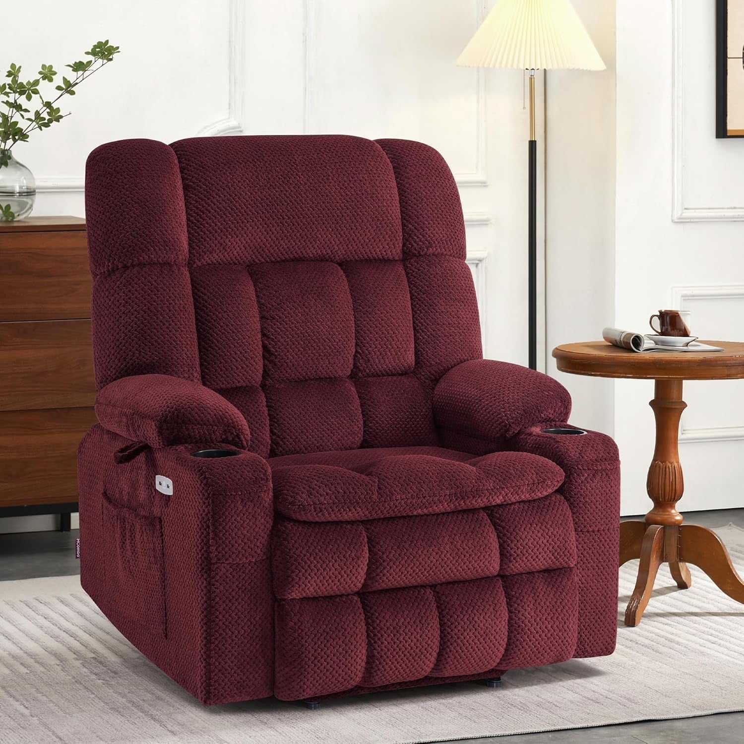 Large Dual Motor Power Lift Recliner Chair Sofa with Massage and Heat for Big Elderly People, Infinite Position, USB Ports, Fabric R7891 (Large-Wide, Burgundy)-1