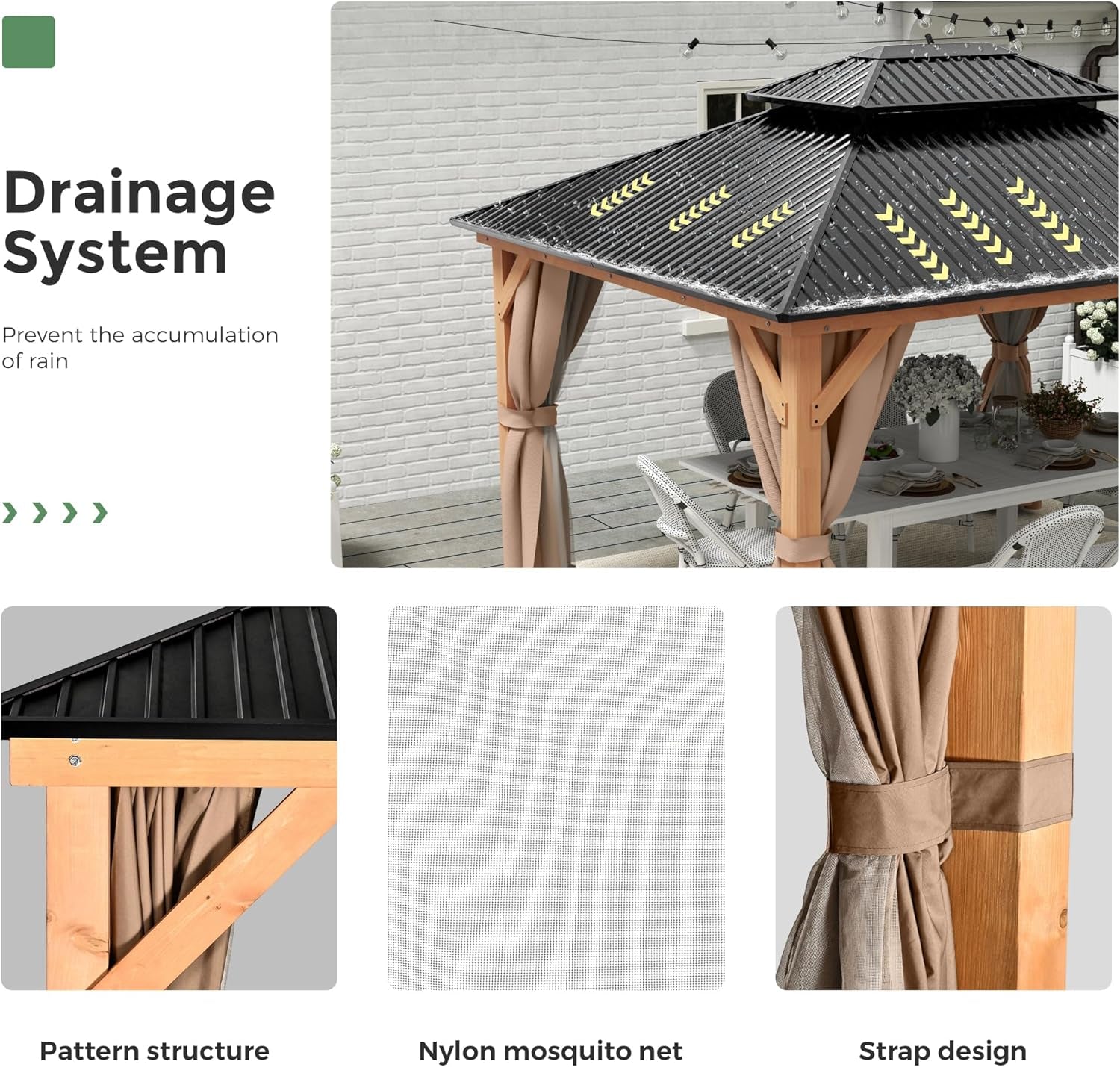 11X13 Wood Gazebo, Outdoor Hardtop Gazebo with Netting and Curtains, Double Galvanized Steel Roof, Deck Hard Top Gazebo for Backyard, Patio (Brown)-1