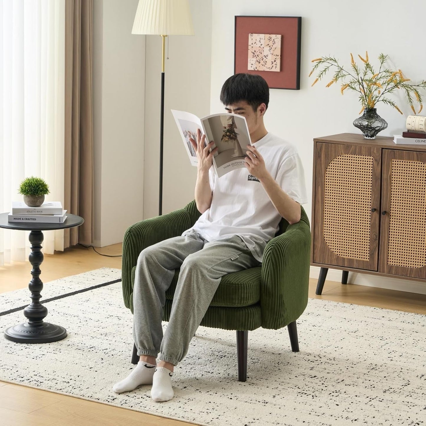 Corduroy Green Barrel Chair 30.3 Inch Wide With Wood Legs-3