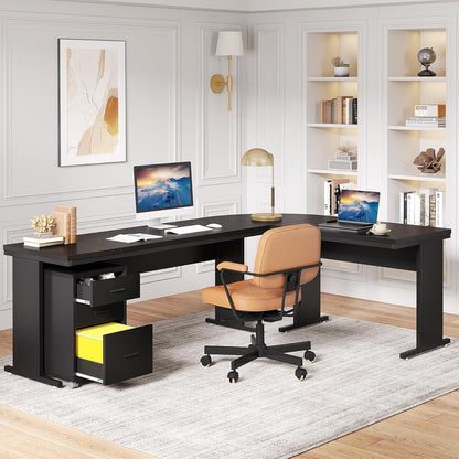 83" L-Shaped Executive Desk, Large Office Desk with 3-Drawer Mobile File Cabinet, Industrial Computer Desk with Storage Drawers, Business Furniture Table Workstation for Home Office (Black)-3