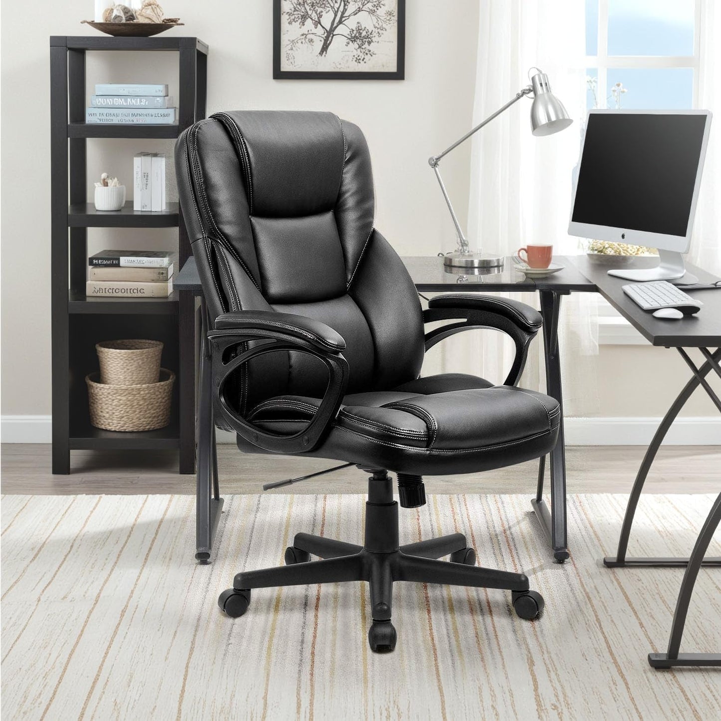 Office Executive Chair High Back Adjustable Managerial Home Desk Chair, Swivel Computer PU Leather Chair with Lumbar Support (Black)-1