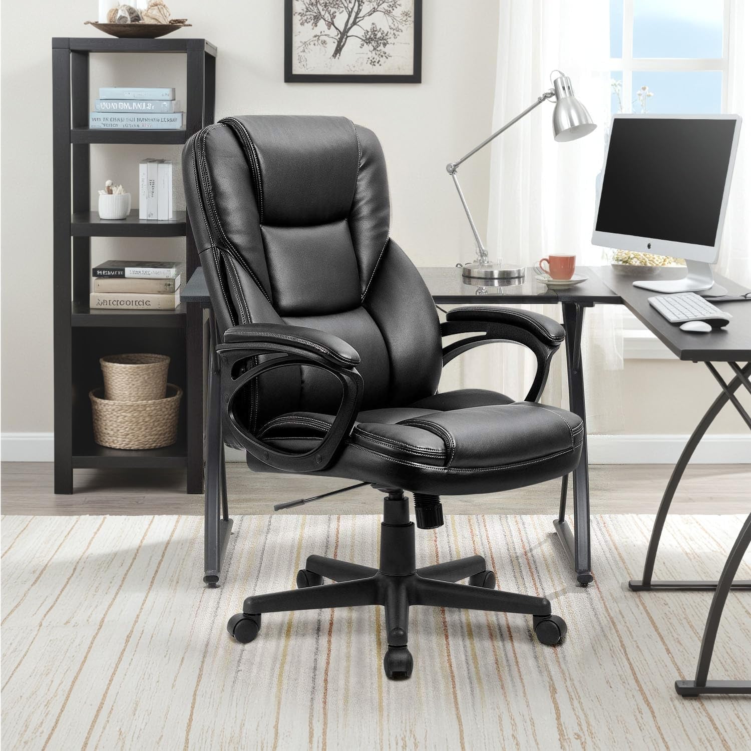 Office Executive Chair High Back Adjustable Managerial Home Desk Chair, Swivel Computer PU Leather Chair with Lumbar Support (Black)-1