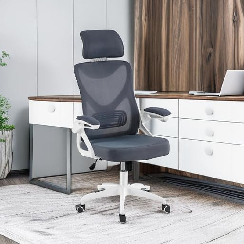 Ergonomic Mesh Office Chair, High Back Desk Chair with with Flip-Up Armrests, Adjustable Padded Headrest Computer Chair with Lumbar Support for Home Oiffce Game Room, White/Gray-4