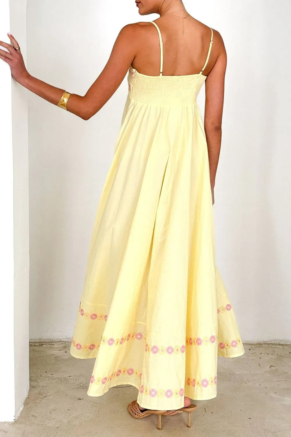 Floral Embroidered Spaghetti Strap Maxi Dress, Blue, Pink or Yellow  SM/MED/LG