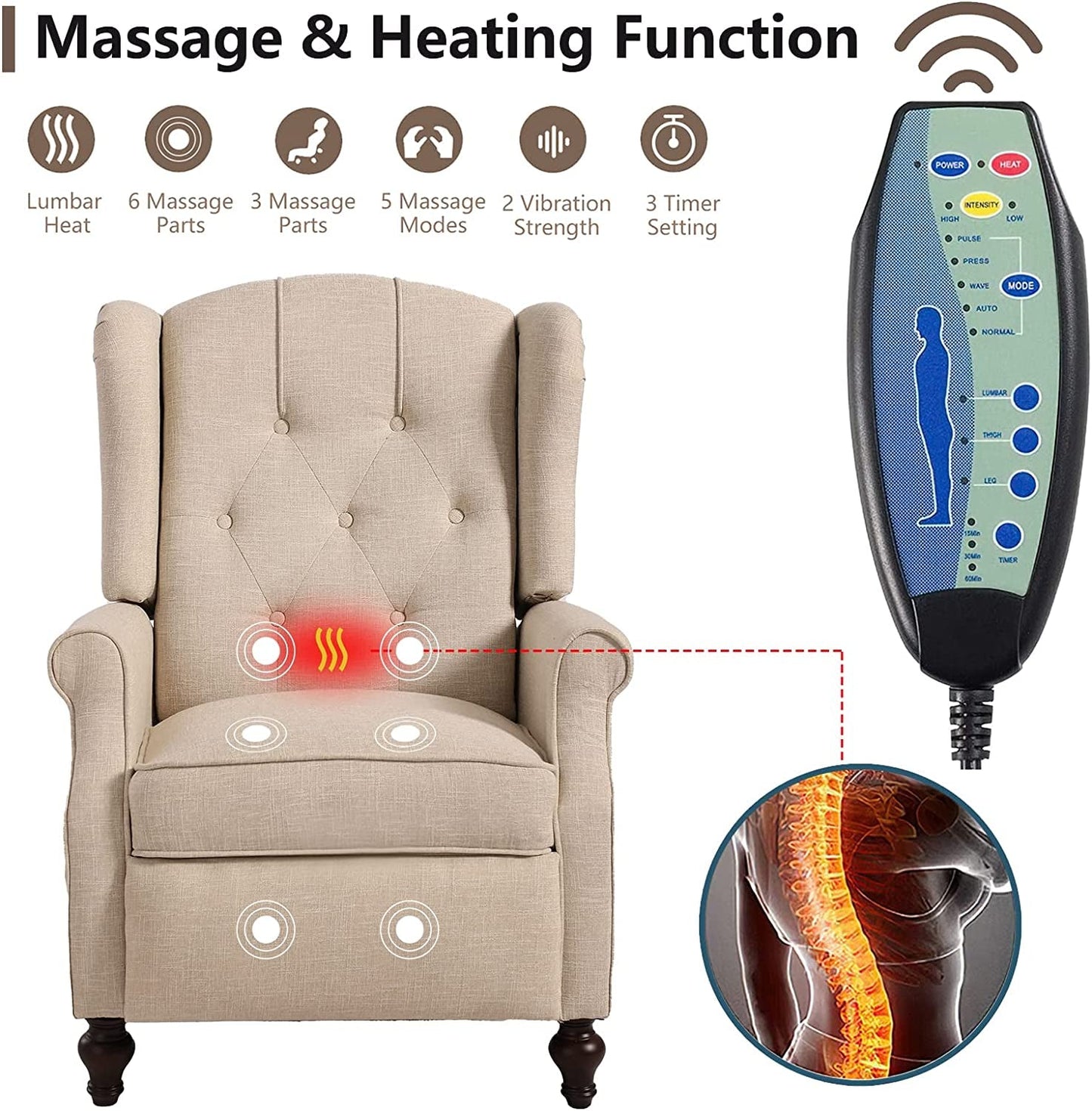 Wingback Recliner Chair with Massage and Heat-3