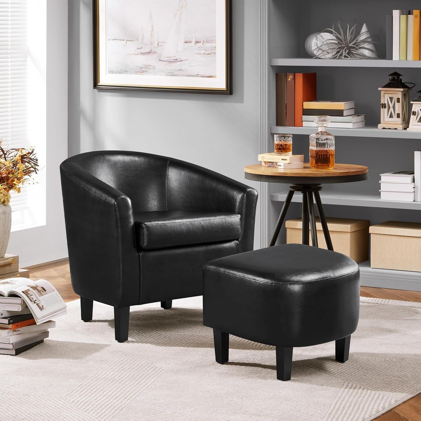 Modern Black Faux Leather Accent Chair With Ottoman Set-1
