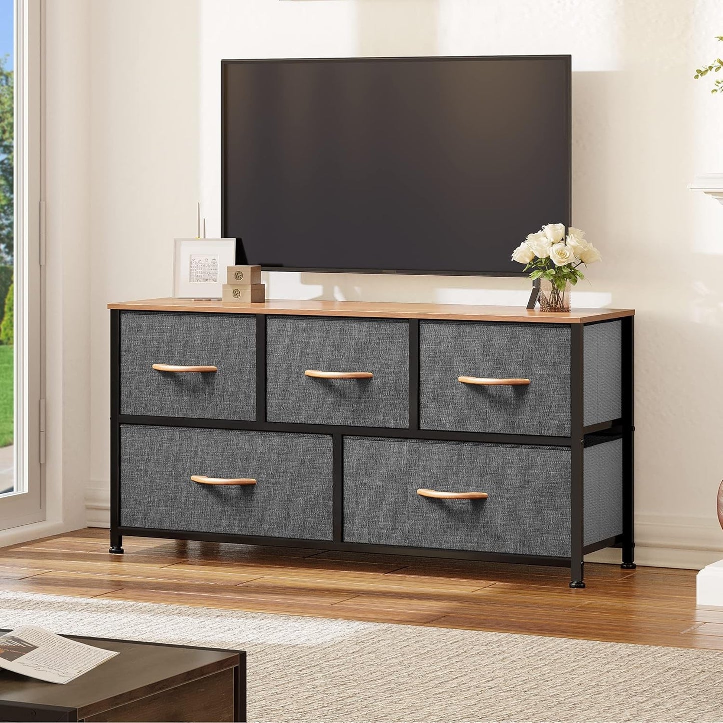 Dresser TV Stand, Fabric Dresser with 5 Drawers, Dresser for Bedroom, Wide Dresser, Storage Tower, Chest of Drawers for Closet, Living Room, Hallway, Dull Grey-2