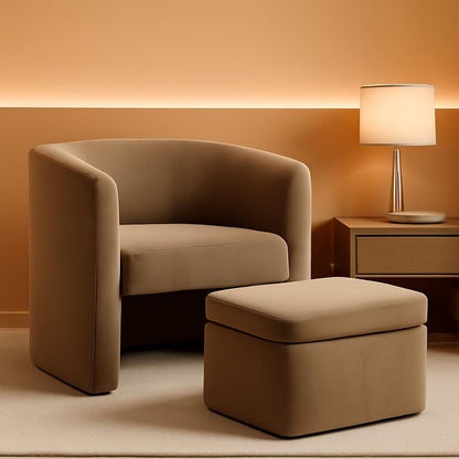 Velvet Barrel Accent Chair With Storage Ottoman Khaki-0