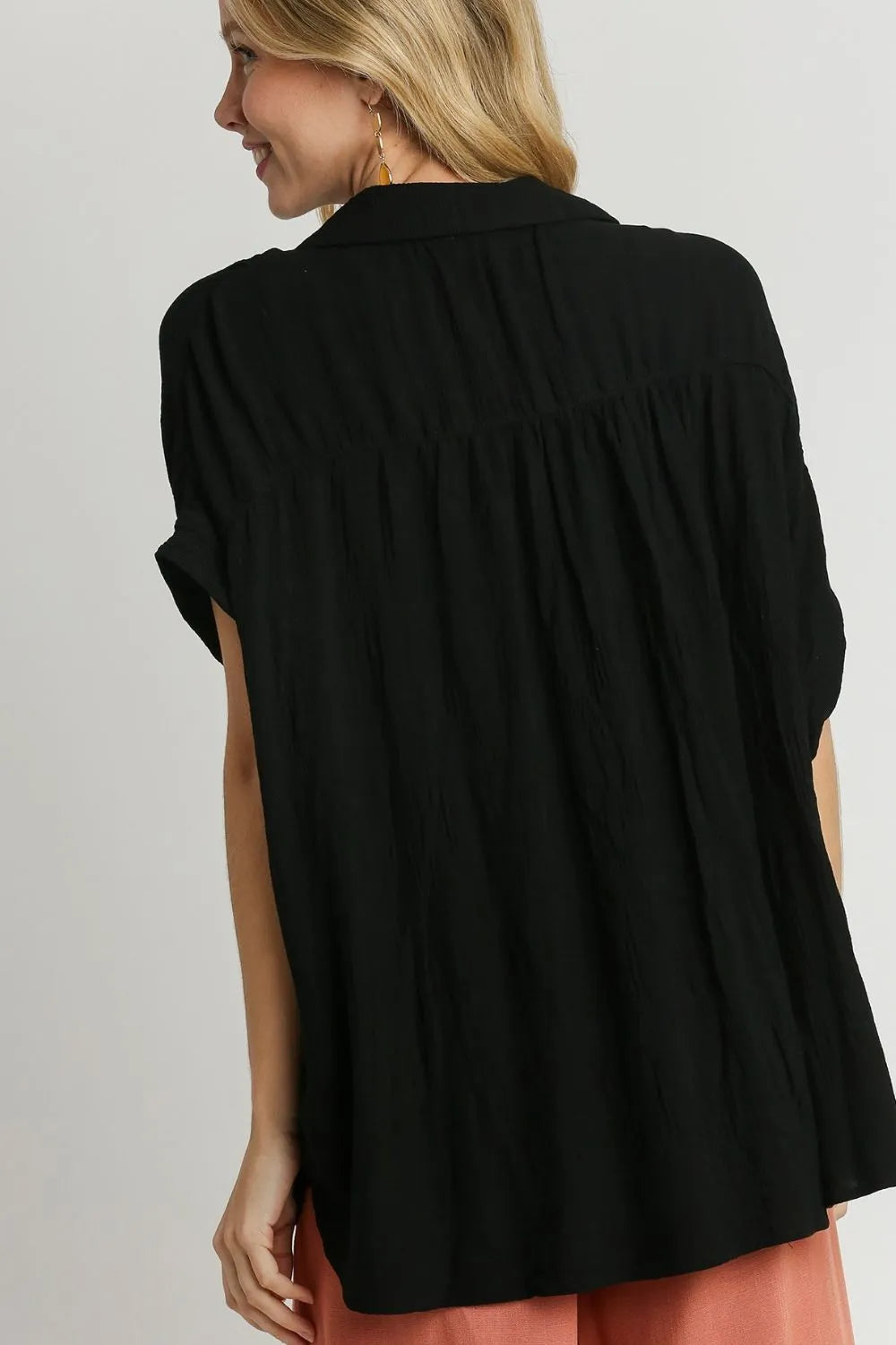 Umgee Full Size Textured Button Down Short Sleeve Shirt Plus Size