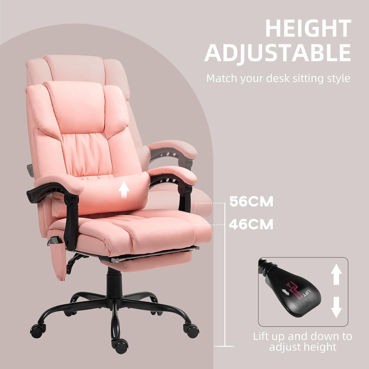High Back Massage Office Chair with 6 Vibration Points, PU Leather Reclining Computer Chair, Ergonomic Desk Chair with Footrest Adjustable Height and Remote, Pink-3