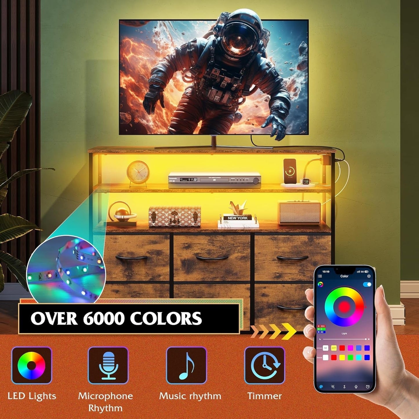 Led Dresser TV Stand for Bedroom, Entertainment Center with LED Lights and Power Outlet, 6 Drawer Dressers with Double Open Shelves, Rustic Brown TV Stands-4