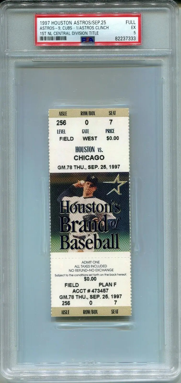 Graded baseball ticket for 1997 Houston Astros NL Division Title Game PSA 5 grade