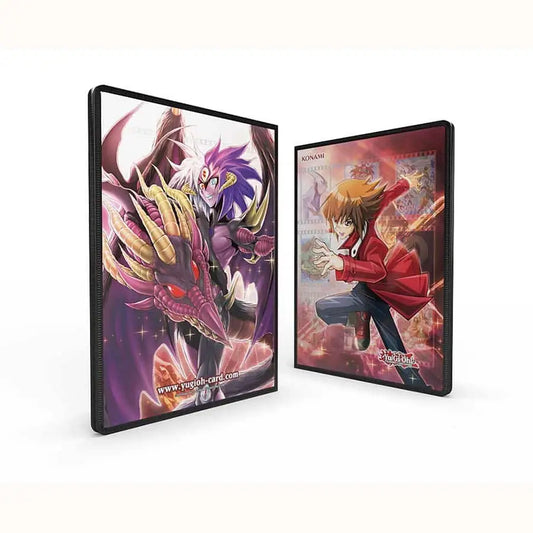 Two framed Yu-Gi-Oh! posters in a 9-pocket duelist portfolio featuring Jaden and Yubel