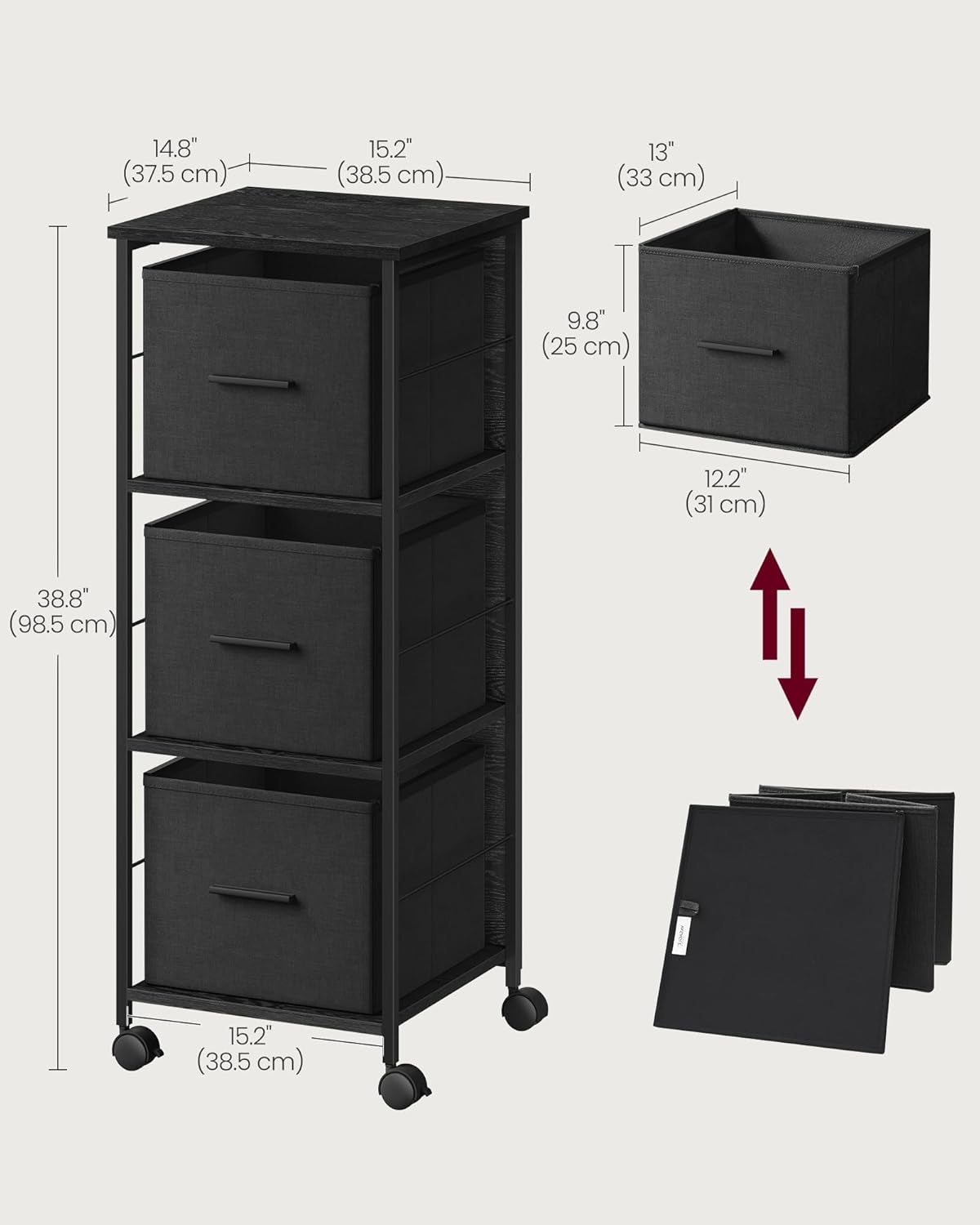 File Cabinet with 3 Drawers, Printer Stand, Cube Storage Shelf, for A4, Letter-Size Files, Hanging File Folders, File Storage Box, Home Office, Ebony Black and Ink Black UOFC058B56-1