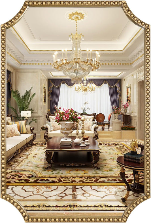 30"X40" Mirror for Wall, Full Scalloped Corners Rectangle Decorative Mirror, Metal Beaded Frame Accent Wall Decor for Bathroom, Entryway, Mantel, Antique Gold-0