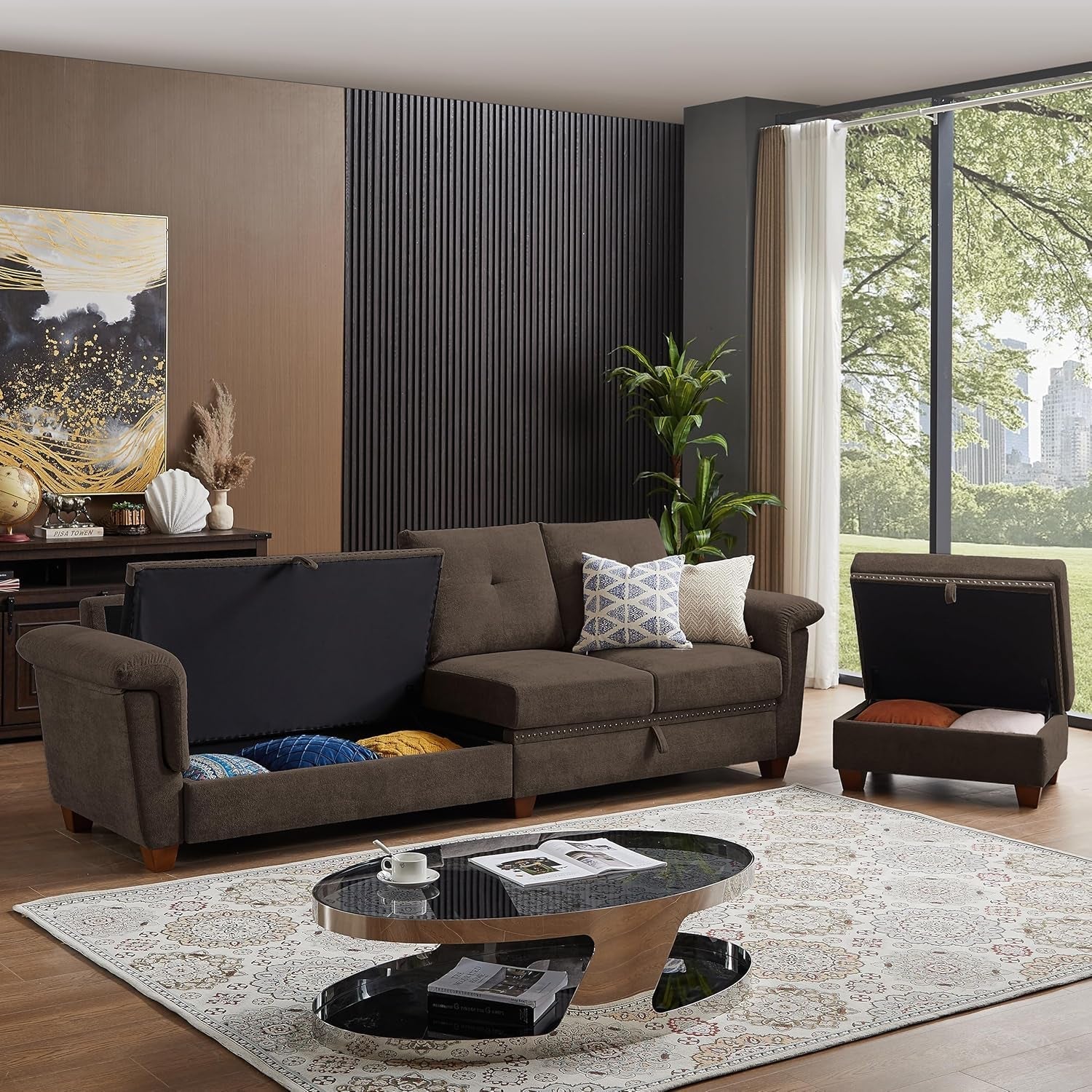 110" Convertible Sectional Sofa with Storage, 4 Seat L Shaped Couch with Ottoman and Cup Holder, Modern Microfiber Fabric Sofas Couches for Living Room-4