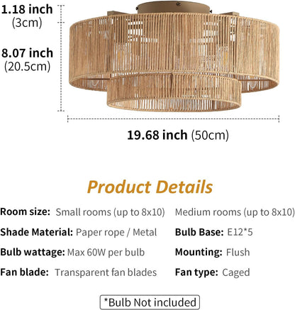 Boho Flush Mount Rattan Ceiling Fan with Light-4