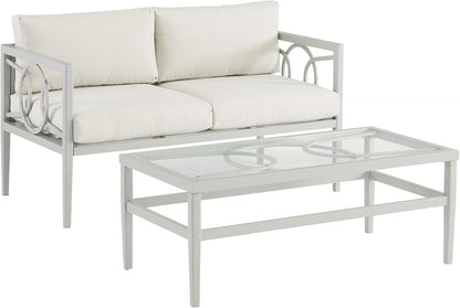 Ashford 2-Piece Outdoor Coffee Table and Loveseat Patio Furniture Set for Porch, Deck, Gray with Creme Cushions-0