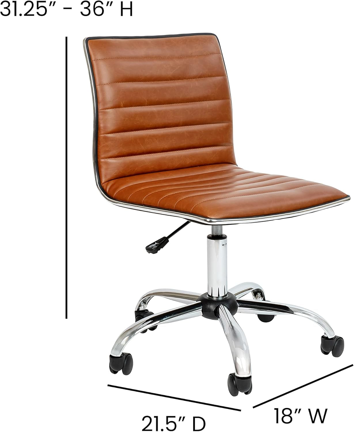 Alan Office Task Chair - Brown Vinyl - Chrome Frame - Armless - Ribbed Back and Seat - Low Back Design-2