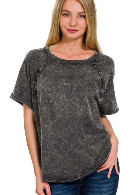 Zenana Back Patch Crinkle Washed Raglan Sleeve T-Shirts