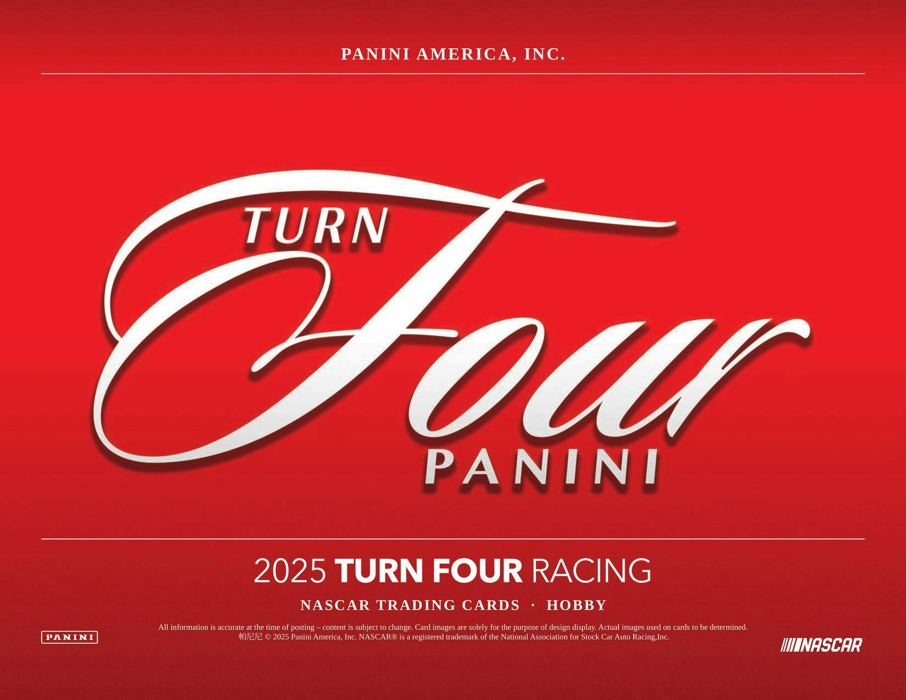 2025 Panini Turn Four Racing Hobby Box packaging | Columbia Sports Cards

2025 Panini Turn Four Racing encased autograph card example | Columbia Sports Cards

2025 Panini Turn Four Racing Ka-Vroom SSP insert card | Columbia Sports Cards

2025 Panini Turn Four Racing driver glove memorabilia card example | Columbia Sports Cards