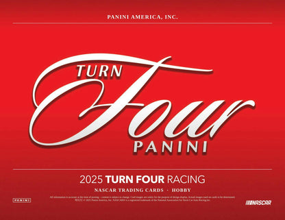 2025 Panini Turn Four Racing Hobby Box packaging | Columbia Sports Cards

2025 Panini Turn Four Racing encased autograph card example | Columbia Sports Cards

2025 Panini Turn Four Racing Ka-Vroom SSP insert card | Columbia Sports Cards

2025 Panini Turn Four Racing driver glove memorabilia card example | Columbia Sports Cards