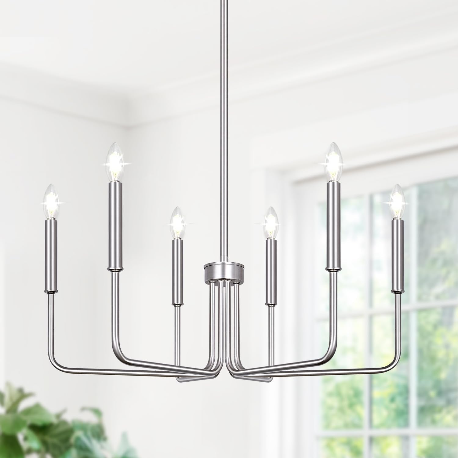 6-Light Farmhouse Chandelier for Dining Room Lighting Fixtures Hanging, Brushed Nickel Dining Light Fixtures Industrial Chandelier for Bedroom, Foyer, Hall, Kitchen, Living Room and Entryway-1