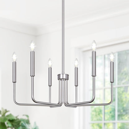 6-Light Farmhouse Chandelier for Dining Room Lighting Fixtures Hanging, Brushed Nickel Dining Light Fixtures Industrial Chandelier for Bedroom, Foyer, Hall, Kitchen, Living Room and Entryway-1