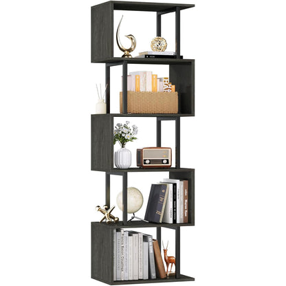 6 Tier Bookshelf Tall Geometric Bookcase, S-Shaped Industrial Display Standing Shelf, Metal and Wood Decorative Storage Room Divider Shelves for Bedroom, Living Room, Office, Light Black Oak-0