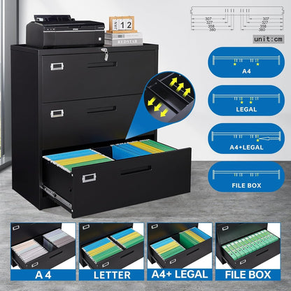 Lateral File Cabinet with Lock,Metal Filing Cabinet with 3 Drawer,Steel Lateral File Cabinet for Legal/Letter A4 Size,Wide File Cabinet for Office Home,Assembly Required-4
