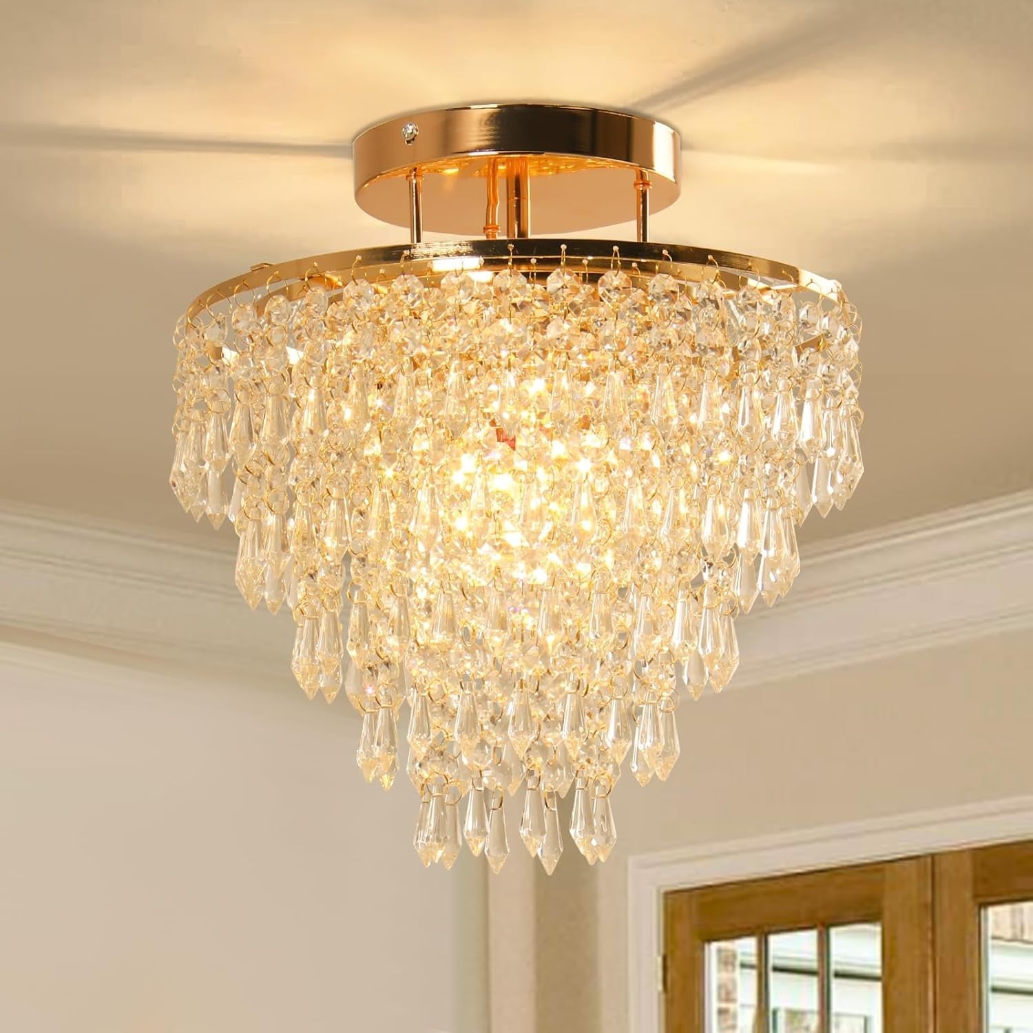 Gold Crystal Flush Mount Chandelier 30cm Ceiling Light-0