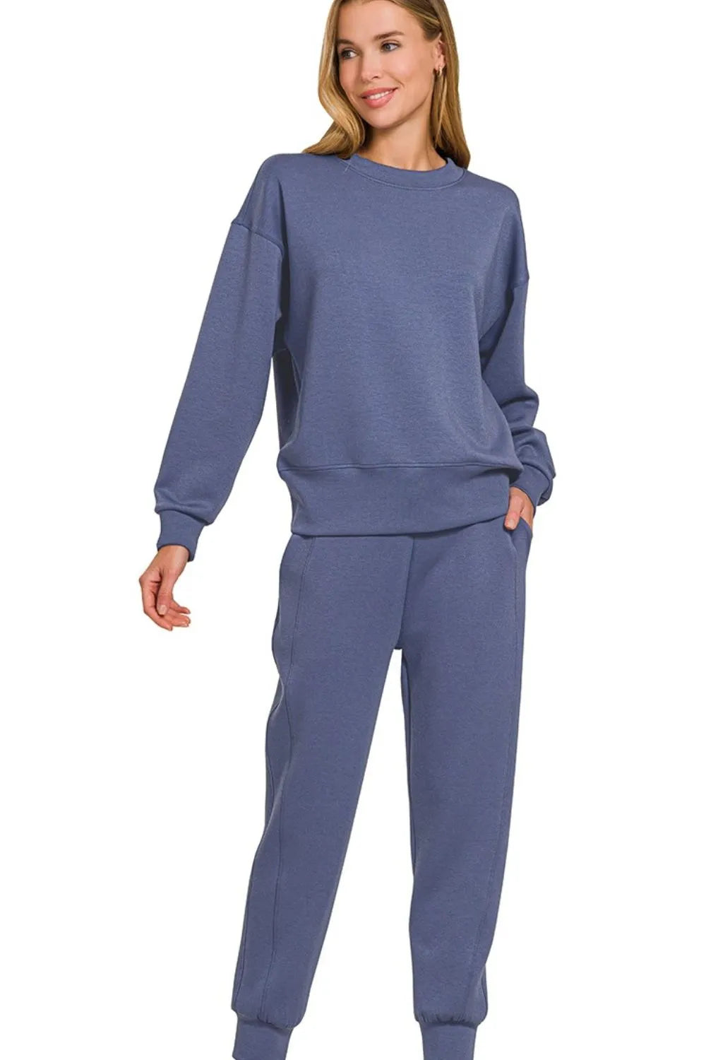 Zenana Scuba Crewneck Pullover & Joggers 2 Pieces Set