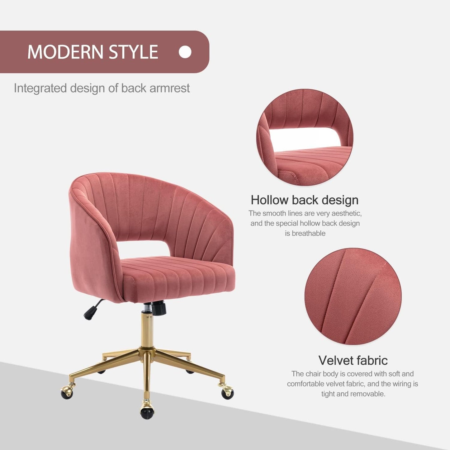 Velvet Office Desk Chair, Upholstered Home Office Desk Chairs with Adjustable Swivel Wheels, Ergonomic Office Chair for Living Room, Bedroom, Office, Vanity Study (Rose)-3