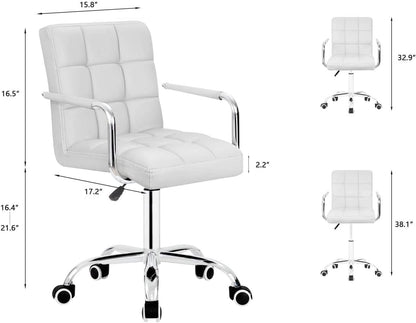 Desk Chair Modern Office Chair with Wheels PU Leather Mid-Back Rolling Chair for Office, Teen, and Bedroom Desks (White)-2